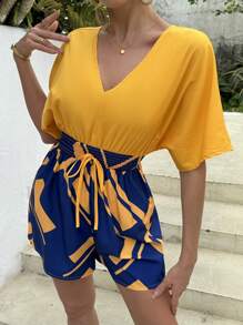 EMERY ROSE Cổ chữ V Dây rút không lưng Khối màu In hoa Romper - Nhiều màu - Xem 4