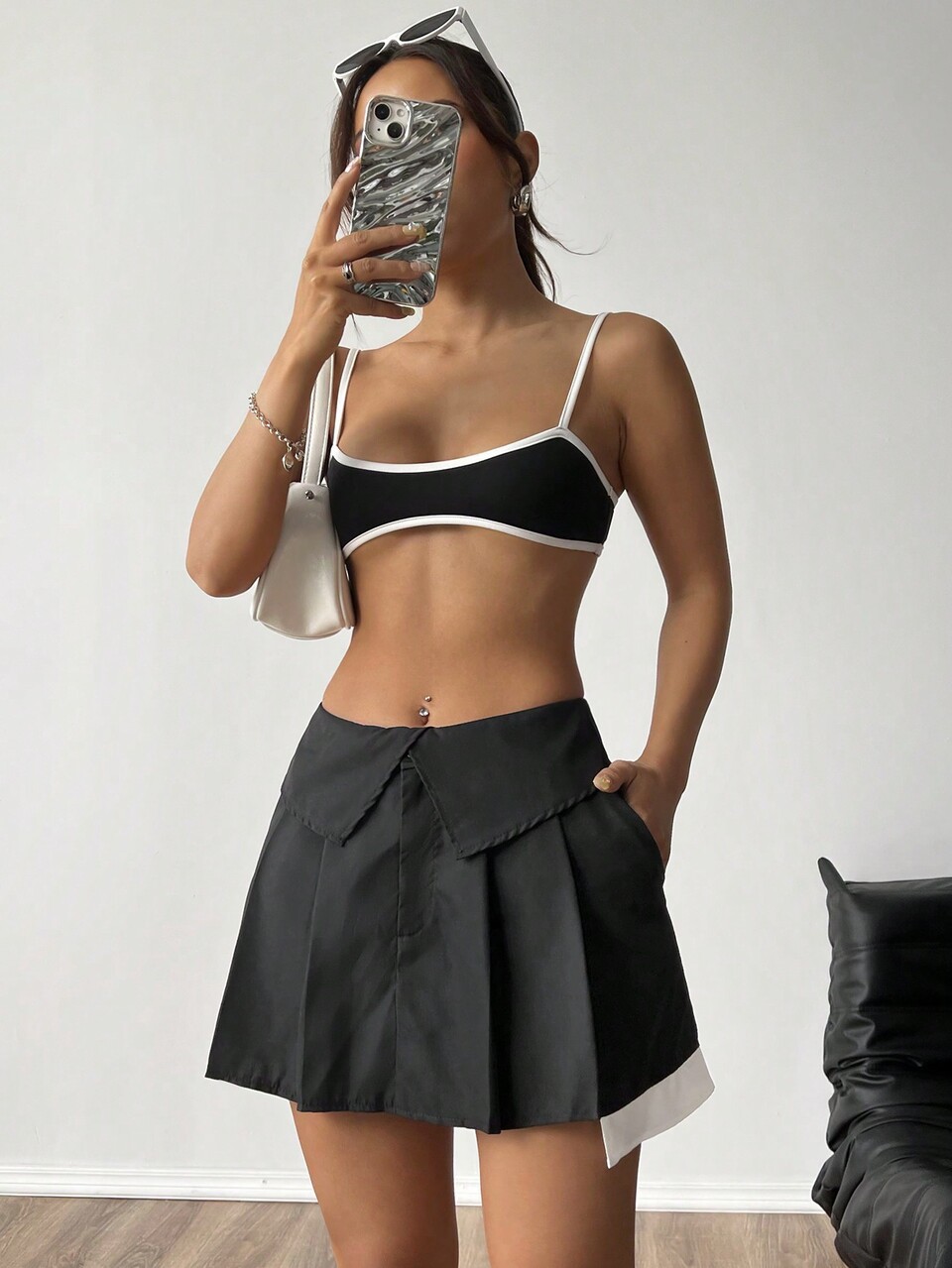 Ladies' Solid Color Waist Folded Pleated Skirt