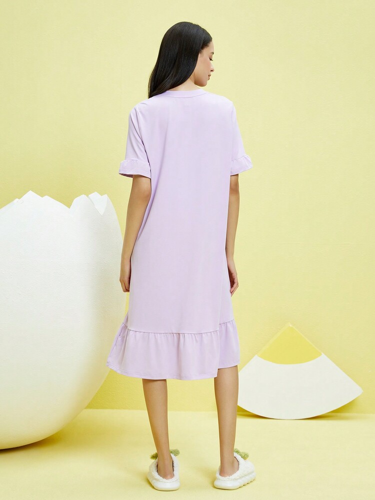 Gudetama X SHEIN Cartoon Letter Pattern Ruffle Hem Purple Nightgown - Purple - View 2