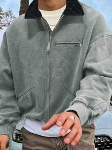 SHEIN Manfinity Homme 寬鬆版型男士對比領口拉鍊牛仔外套 - 綠色 - 查看 1
