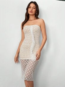 SHEIN Privé 波點網紗荷葉邊褶皺無肩帶裙子 - 白色 - 查看 3