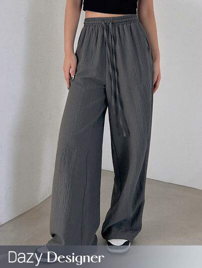 Dazy Designer Solid Color Elastic Waist Drawstring Design Loose Fit Long Casual Pants For Women Baggy Pants,Fall Clothes