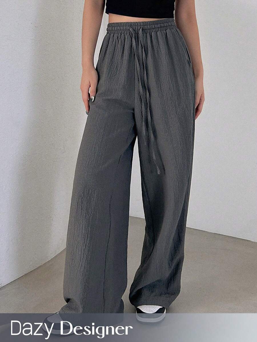 Dazy Designer Einfarbige, elastische Taillenhose mit Kordelzug, weite Passform, lange Freizeithose für Damen, Weite Hose, Herbstkleidung