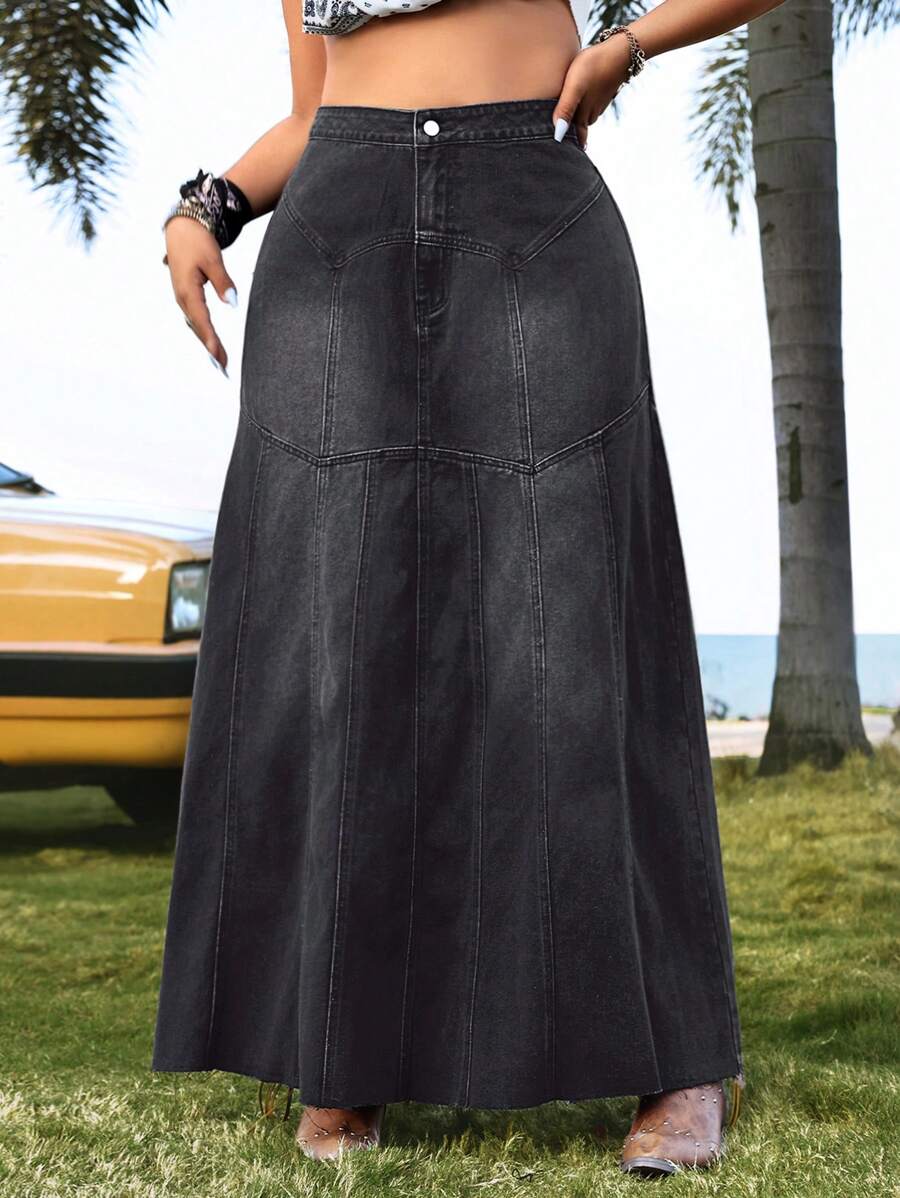 SHEIN ICON Plus Size Women's Denim Ruffle Hem Skirt - Black - View 1