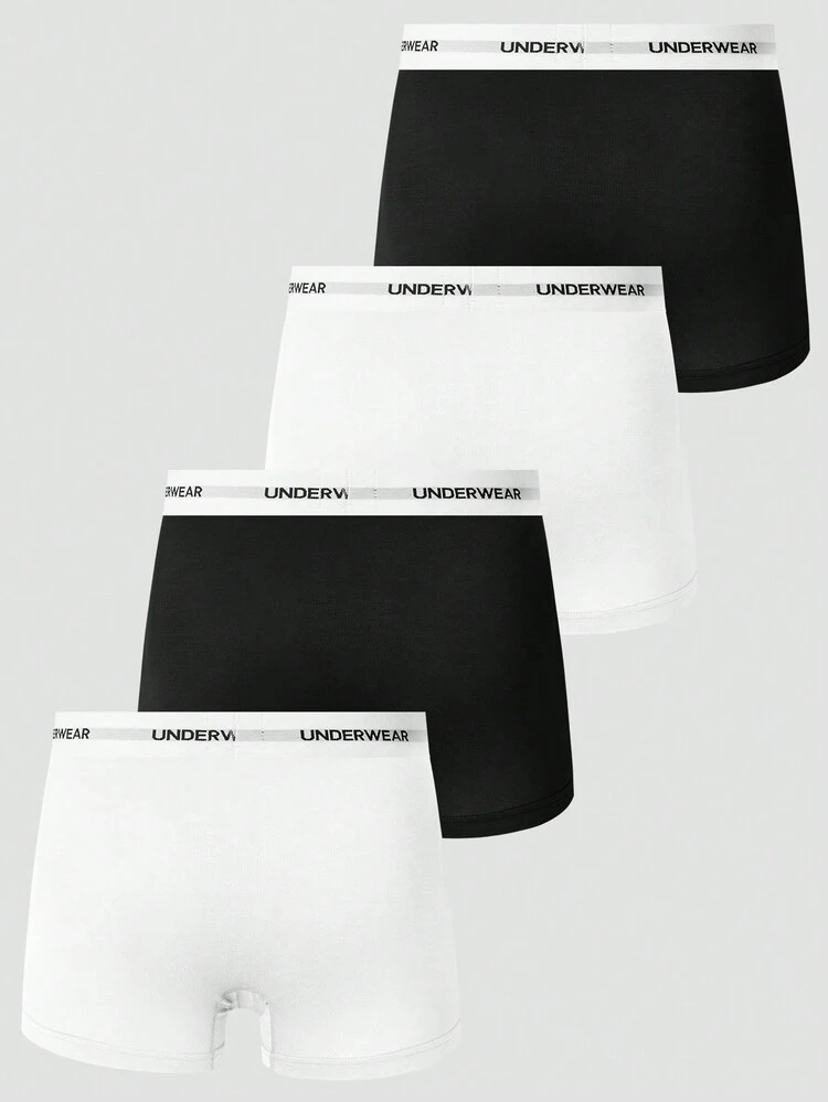 Men's Flat Angle Panties With Letter Jacquard Elastic Waistband, 4pcs/Pack