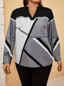 SHEIN LUNE Women's Plus Size Striped Notched V-Neck Long Sleeve Shirt - Multicolor - View 3