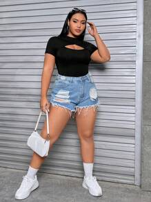 SHEIN EZwear Plus Size Solid Color Cut Out Front Corset Black Tee - Black - View 7