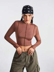 Gameset SHEIN Sport Của phụ nữ Màu thuần Tay áo dài Thể thao Áo thun - Lạc đà - Xem 5