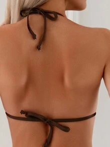 SHEIN Swim 夏季沙灘女性純色頸後背心與游泳褲比基尼套裝泳衣 - 咖啡棕 - 查看 3