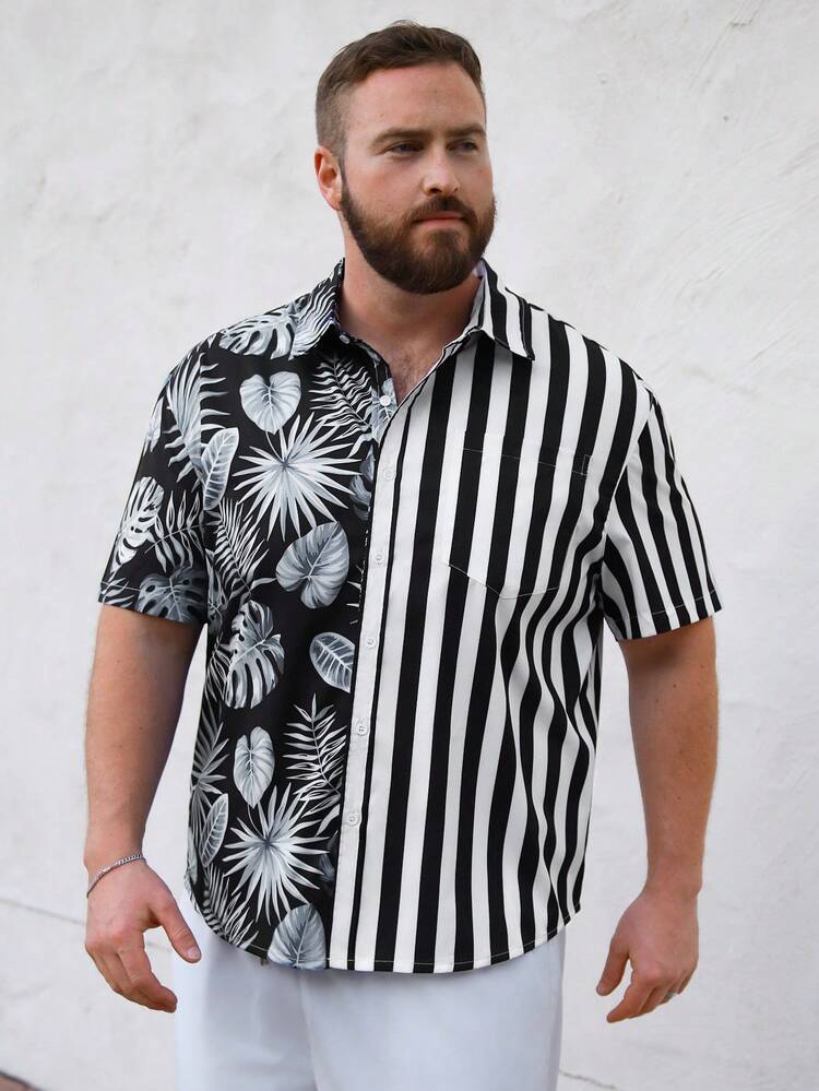 Men's Plus Size Striped Patchwork Tropical Print Shirt