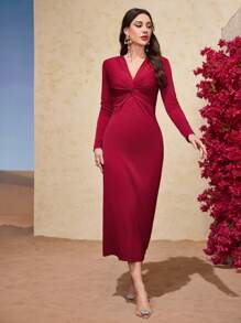 Modelyn Solid Color Twist Knot Waistband Dress - Red - View 7