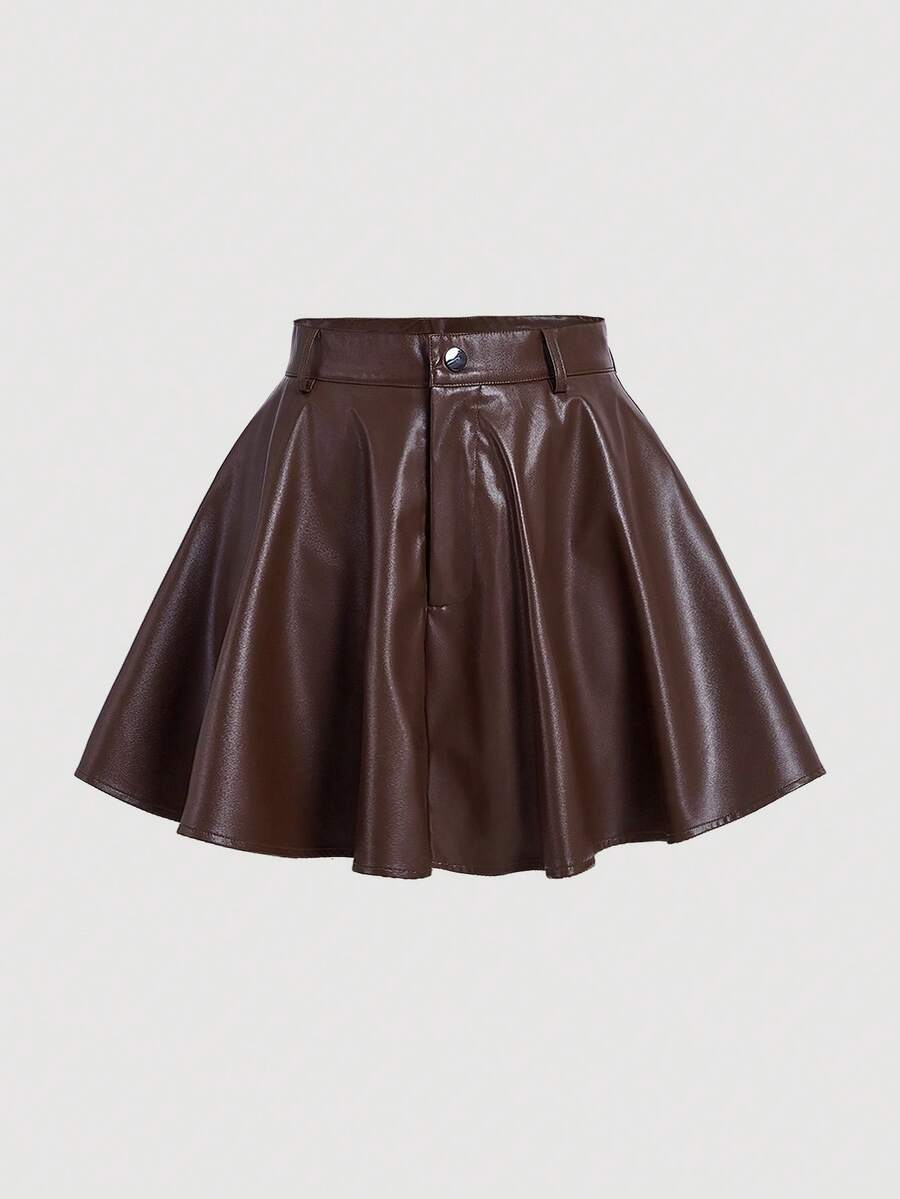 SHEIN MOD 女裝純色pu皮裙 - 棕色 - 查看 1