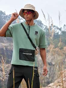 SHEIN In My Nature 男士拉鍊拼接戶外T恤，適用於遠足服裝 - 軍綠色 - 查看 4