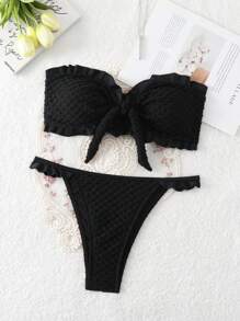 SHEIN Swim 夏季海灘純色紋理無肩帶結綁比基尼套裝 - 黑色 - 查看 1