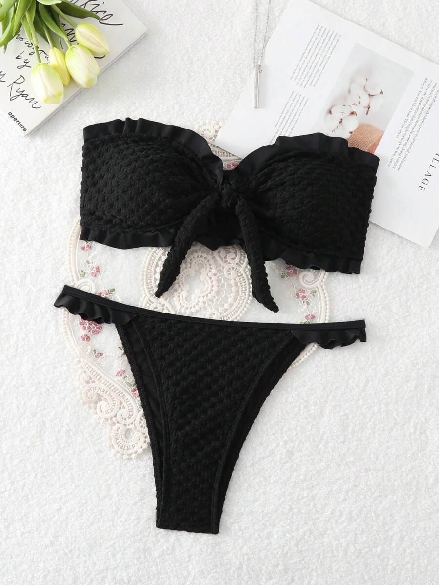 SHEIN Swim 夏季海灘純色紋理無肩帶結綁比基尼套裝 - 黑色 - 查看 1