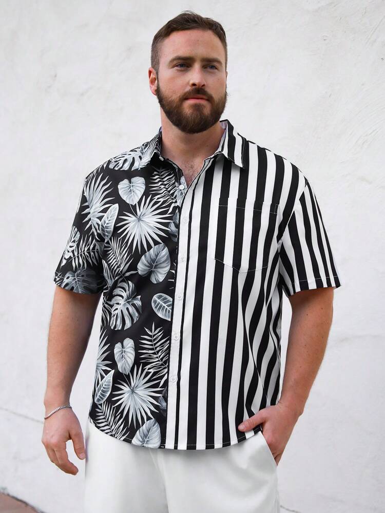 Men's Plus Size Striped Patchwork Tropical Print Shirt