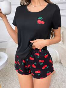 Cherry Printed Short Sleeve Top And Shorts Pajama Set - Multicolor - View 6