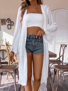 Chiquease Áo khoác cardigan dáng rộng màu trắng phong cách Hawaii Áo cardigan rỗng phong cách Hawaii cho mùa hè - trắng - Xem 3