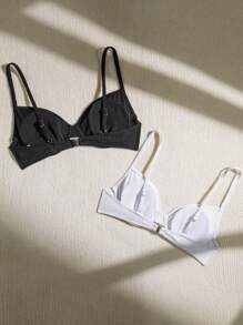 SHEIN Swim Summer Women's Plain Underwire Bikini Top (2 Pieces) - Black and White - View 2