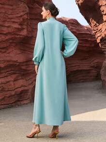 Al Najma Colorblock Woven Belt & Beaded Detail Notch Neck Slit Hem Dress