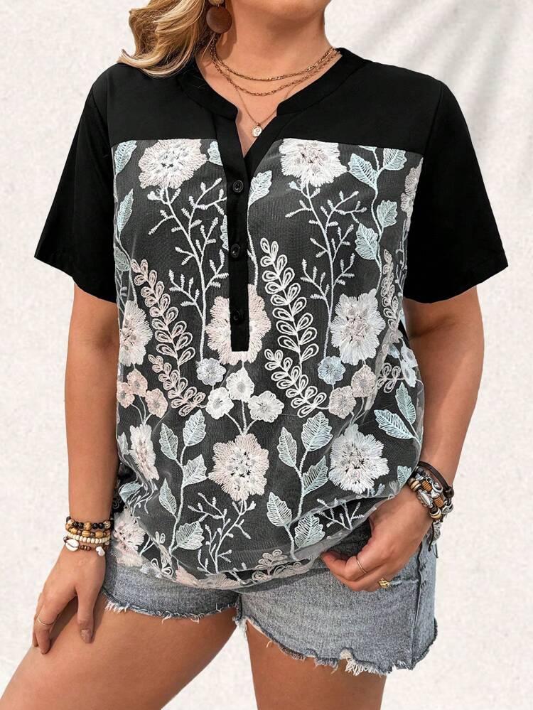 Plus Size Women's Floral Embroidered Notched Collar Blouse With Notched Collar