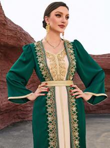 Al Najma Dark Green & Apricot Colorblock Heavy Work 2 In 1 Kaftan Modest Long Sleeve Arabian Dress - Multicolor - View 1