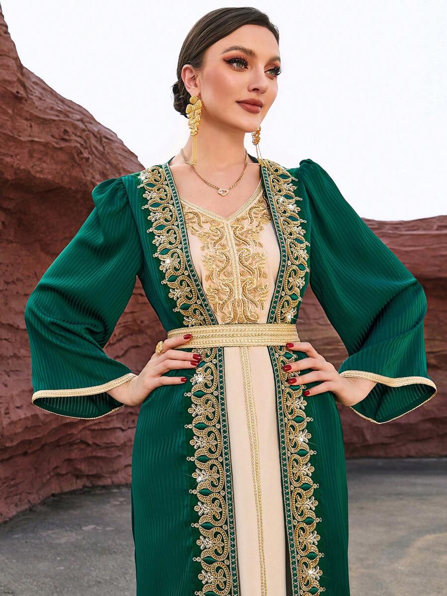 Al Najma Dark Green & Apricot Colorblock Heavy Work 2 In 1 Kaftan Modest Long Sleeve Arabian Dress - Multicolor - View 1