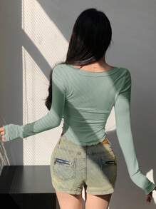 DAZY 女式修身方領長袖t恤 - 薄荷綠 - 查看 5