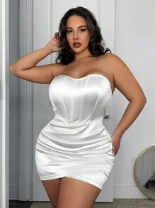 SHEIN SXY Kích thước lớn Màu thuần Bọc Phong cách Giảm béo Quây Đầm - trắng - Xem 1
