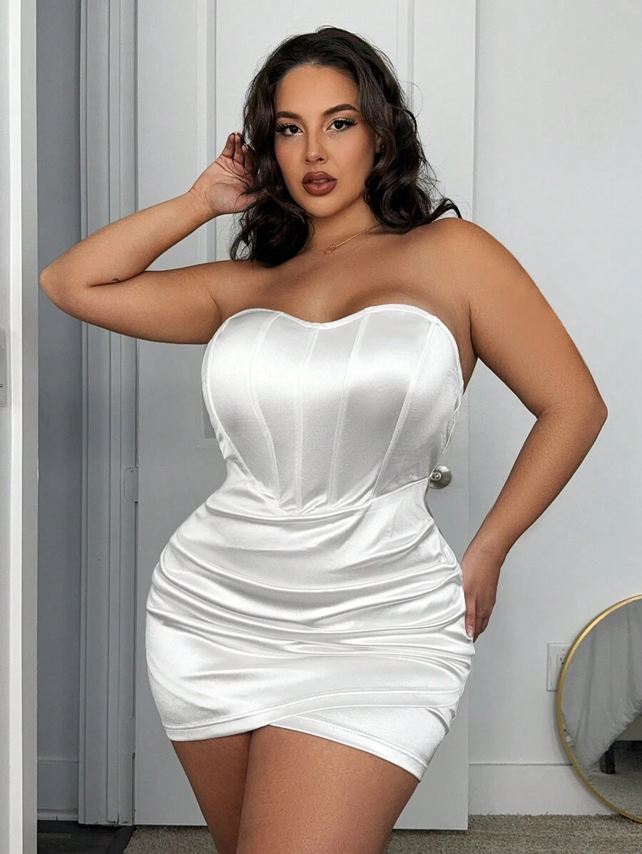 SHEIN SXY Kích thước lớn Màu thuần Bọc Phong cách Giảm béo Quây Đầm - trắng - Xem 1