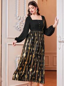 Modelyn Women'S Square Neck Button Decorated Lantern Sleeve Dress - Black - View 5