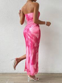 Chiquease Vestido maxi de mujer con hombros descubiertos, abertura alta y efecto ombre - Rosa coral - Ver 2