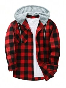 Men Buffalo Plaid Print Drawstring Hooded Shirt Without Tee - Red - View 1