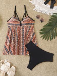 SHEIN Swim Geometric Print V-Neck Tankini Set Summer - Multicolor - View 4