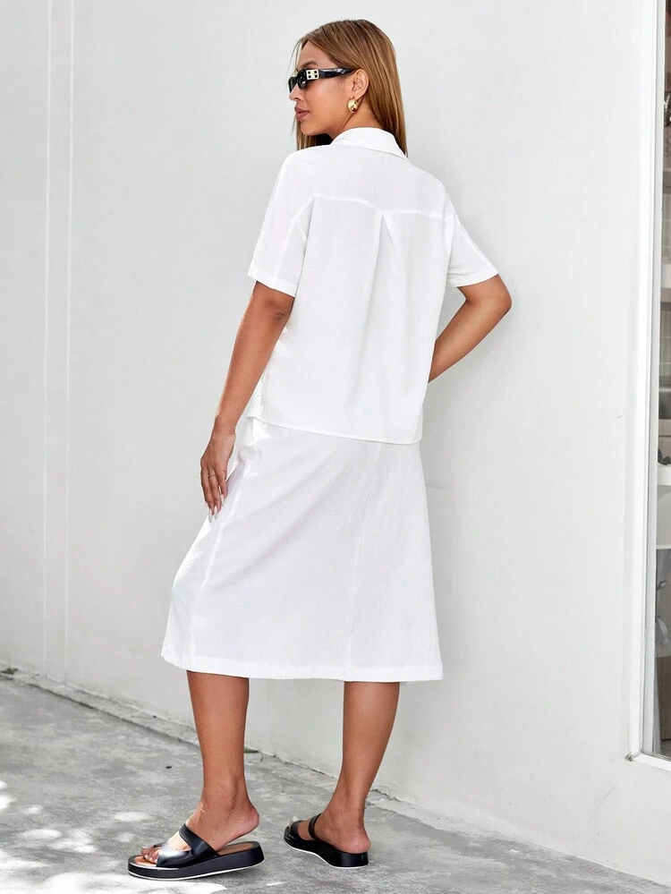 Plain Textured Button-Front Shirt And Skirt Two-Piece Set