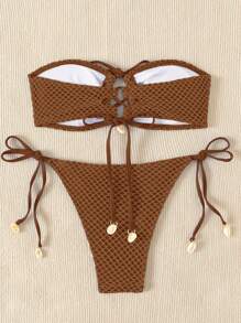 SHEIN Swim Bộ đồ tắm có họa tiết trơn dành cho nữ đi biển mùa hè & Bộ bikini đáy bơi - Cà phê nâu - Xem 2