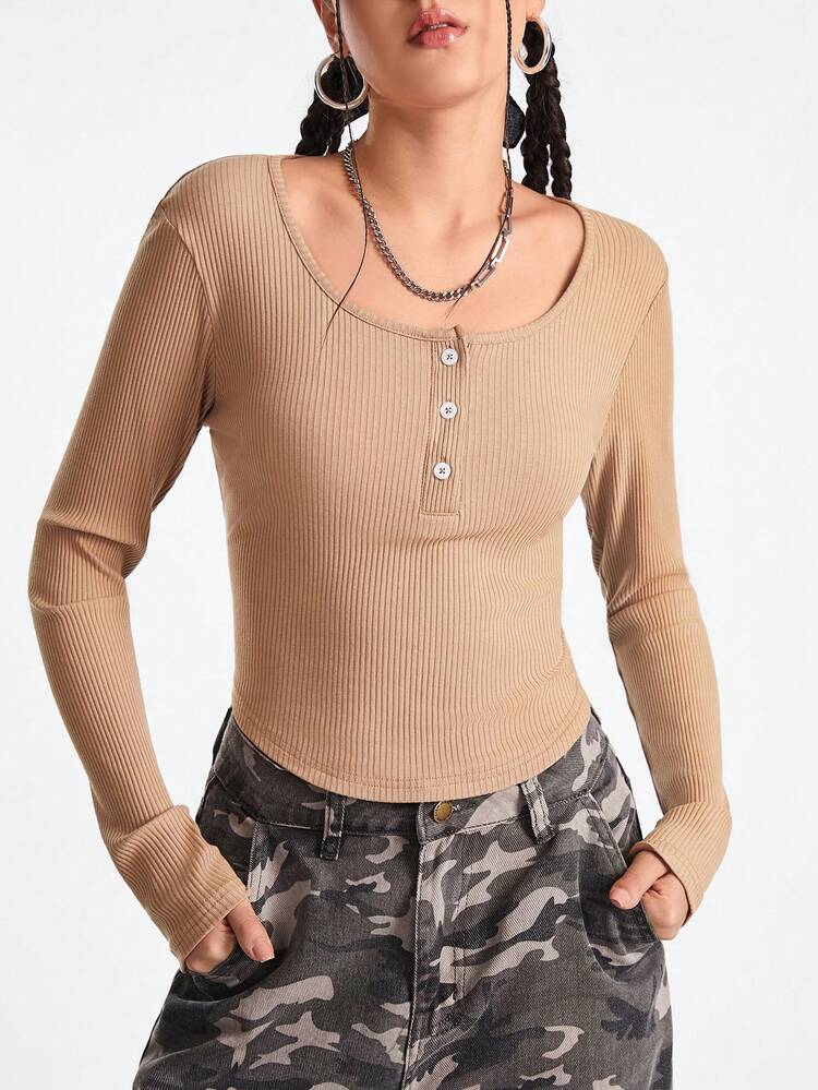 Solid Color Ribbed Knit Sports T-Shirt