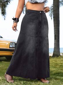 SHEIN ICON Plus Size Women's Denim Ruffle Hem Skirt - Black - View 4