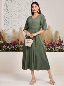 Seusyu Women's Solid Color V-Neck Ruffle Sleeve Dress - Green - View 5