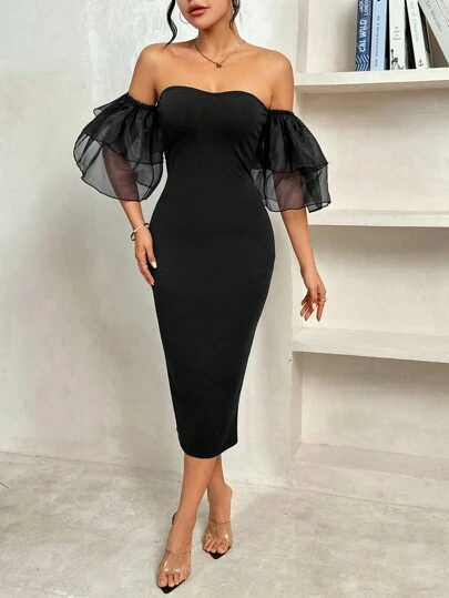 Rafferiza Solid Color Off-Shoulder Ruffle Hem Dress