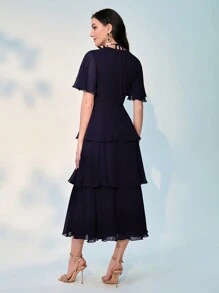 Modelyn Contrast Mesh Detailing Waist Cinched Multi-Tiered Hem Dress - Navy Blue - View 2