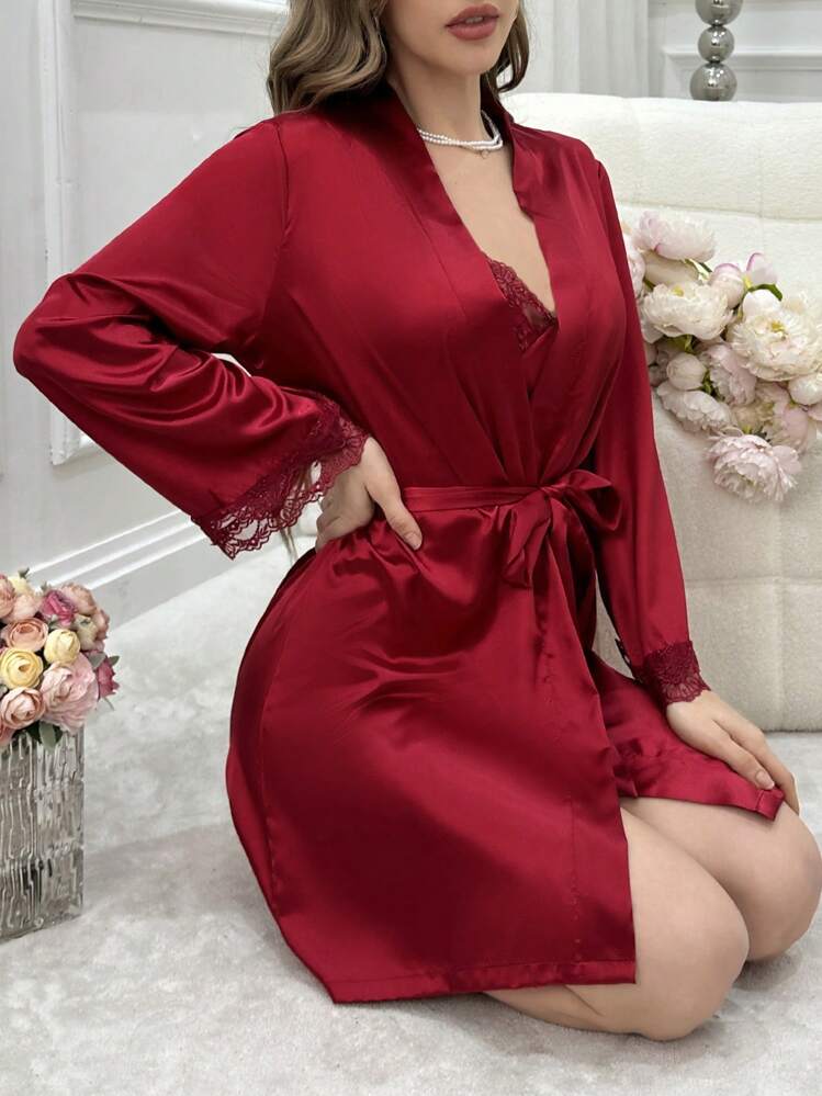 SilkySpell Conjunto de Camisola com Babado de Renda e Roupão Cintado, Roupas de Outono e Inverno Aconchegantes e Elegantes - Vinho - Visão 3