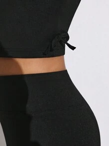 SHEIN Ensemble De Survêtement De Sport Pour Ado Filles, Col Carré Plissé En Tricot Uni Et Pantalon - Noir - Voir 5