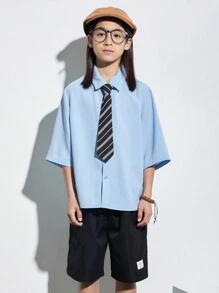 SHEIN Con trai Collared Nút lên Áo sơ mi Với Buộc Và Chất rắn Huy hiệu Quần short Dệt Bộ - Nhiều màu - Xem 6