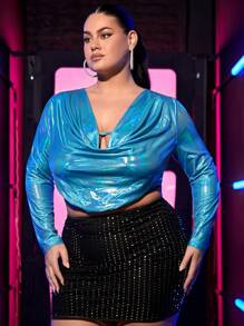 SHEIN SXY Plus Size Hollow Out Cowl Collar Laser Cut Crop Tee - Blue - View 3