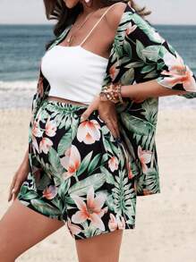 SHEIN Maternity Plant Print Kimono Top With Shorts Set - Green - View 3