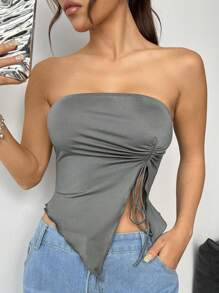 SHEIN EZwear Parte superior tubo con bajo asimétrico y cordón para mujer - Gris - Ver 5