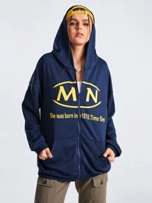 Streetz SHEIN Sport Women's Zipper Front Hooded Sports Jacket With Letter Printing - Royal Blue - View 3
