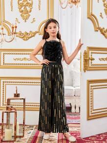 SHEIN Tween Girls' Cute Flower-Shaped 3d Cami Top And Wide Leg Pants Set With Foil Print - Black - View 5