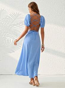 SHEIN VCAY Swiss Dot V-Neck & Waistband Belt Design Vacation Blue Dress,Wedding Season